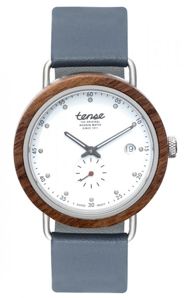 Kunststube Schmied : TENSE Holzuhr // Hudson Leather Hybrid Walnussholz-silber