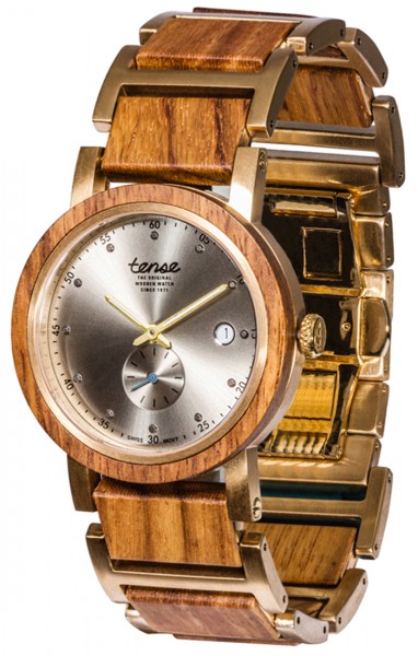 Kunststube Schmied : TENSE Holzuhr // Hudson Hybrid Teakholz-gold