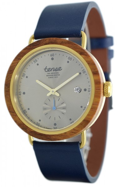 Kunststube Schmied : TENSE Holzuhr // Hudson Leather Hybrid Teakholz-gold