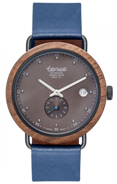 Kunststube Schmied : TENSE Holzuhr // Hudson Leather Hybrid Walnussholz-schwarz